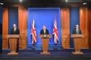 (left to right) Chief Medical Officer Professor Chris Witty, Prime Minister Boris Johnson and Chief scientific adviser Sir Patrick Vallance, during a media briefing in Downing Street, London, on coronavirus (Covid-19). Picture date: Monday April 5, 2021.