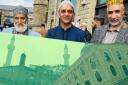 On the occasion of World Mental Health Day, Hajj Karamat, left, and Raja Rabnawaz, right, express their full support for Councillor Shafiq, centre, and his mental health campaigns. In the foreground, mosques across Bradford district are pictured