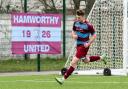 File photo: Bailey Rowe (Hamworthy Utd) celebrates the first goal during the FA Vase 5th Round tie between Hamworthy United and Tunbridge Wells on Sat 12th February 2022 at The County Ground, Hamworthy, Dorset. Photo: Ian Middlebrook.