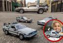 (Background) LEGO® DeLoreans. Credit: LEGO/ Universal Studios
(Circle) A woman holding the LEGO Back to The Future Delorean set. Credit: LEGO