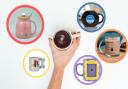 (Background image) A person holding a mug of coffee. (Canva) (Circles) Quirky mugs from IWOOT, Not On The High Street, The Range, VeryNeko and Menkind.