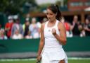 Jodie Burrage celebrates against Lauren Davis on day one of Wimbledon at The All England Lawn Tennis and Croquet Club, Wimbledon. Picture date: Monday June 28, 2021..