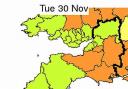 The map showing the area covered by the Met Office weather warning