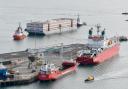 The Bibby Stockholm arriving at Portland Port on Tuesday