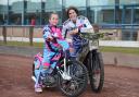 Celina Liebmann, the first female rider in Britain, with aspiring racer Mia Evans