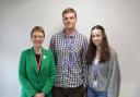 Helen Sharman (left) with sixth form students Magnus Hinves and Grace Legg