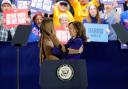 Democratic presidential nominee Vice President Kamala Harris, right, embraces Jennifer Lopez during a campaign rally (Steve Marcus/AP)