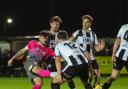 Christie Ward opening the socring in Weymouth's3-0 win over Wimborne in the Dorset Senior Cup