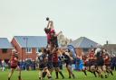 Line out action in front of a bumper crowd during the Wimborne 7 Bournemouth 13 match played at Leigh Park, Wimborne on Saturday 30 November 2024.  Photo taken by Simon Carlton