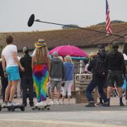 Filming taking place on the promenade on Sandbanks beach on Wednesday March 31 2022 for The Sandman.