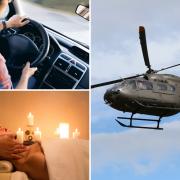 (top left) a person driving, (bottom left) a spa treatment, (right) helicopter. Credit: Canva