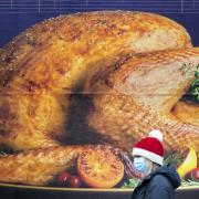 A shopper, wearing a Santa hat, passing a billboard poster featuring a Christmas turkey (PA)