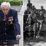 Photo, left, shows Captain Tom Moore at the height of his charity walks in 2020 (PA). Pictured right, family handout of Captain Tom Moore's army days.