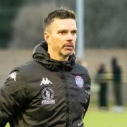 Tim Sills (Hamworthy manager) during the FA Vase 5th Round tie between Hamworthy United and Tunbridge Wells on Sat 12th February 2022 at The County Ground, Hamworthy, Dorset. Photo: Ian Middlebrook.