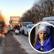 Refugees fleeing the Ukrainian city of Lviv towards the Polish boarder following Russia's invasion of Ukriane.  Inset, a child takes part in a demonstration to denounce the Russian invasion. Pictures: PA