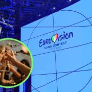 (Background) Eurovision Song Contest 2022 stage. (PA) (Circle) People toasting glasses at a party. ( Canva)