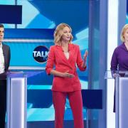 Liz Truss and Rushi Sunak with host TalkTV Political Editor Kate McCann at TalkTV's Ealing Studios, west London, before the start of The Sun's Showdown: The Fight for No10, Credit: TalkTv/PA