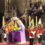 The coffin of Queen Elizabeth The Queen Mother, in Westminster Hall, London, where she was lying-in-state before her funeral (PA)