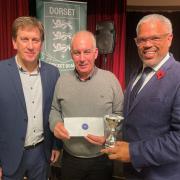 Kevan James, former Hampshire CCC player and host of the gala evening, Dave Abbott, Chairman of Blandford CC and Nick Douch, from Douch Family Funeral Directors