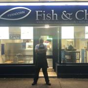 Tony in front of Ferndown Fish and Chips.