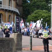 Pro-Israeli protesters outside the town hall on Wednesday evening, July 17.