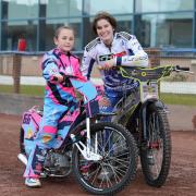 Celina Liebmann, the first female rider in Britain, with aspiring racer Mia Evans