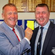 Former football referee Graham Poll and the captain of Barton-on-Sea Golf Club, Bud Slaney