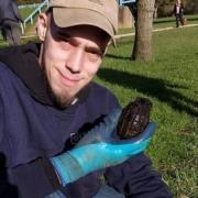 Grant with Second World War grenade.