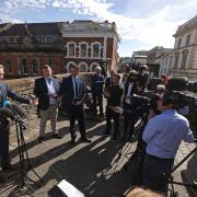 Simon Harris speaking to the media during his first official visit to Londonderry as Taoiseach (Liam McBurney/PA)