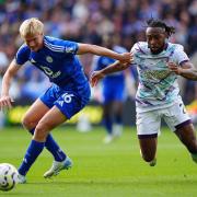 Leicester City's Victor Kristiansen (left) and Bournemouth's Antoine Semenyo battle for the ball during the Premier League match at the King Power Stadium, London. Picture date: Saturday October 5, 2024.