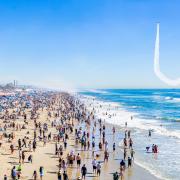 Pacific Airshow Huntington Beach crowd watching Jeff Boerboon in his one-of-kind Yak-110