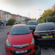 Ford Mondeo smashes intp four cars and an internet box in Malmesbury Park Road, Charminster.