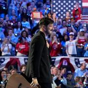 Marcus Mumford of Mumford & Sons arrives to perform at a campaign rally for Democratic presidential nominee Vice President Kamala Harris at the Alliant Energy Center in Madison, Wisconsin (Jacquelyn Martin/AP)