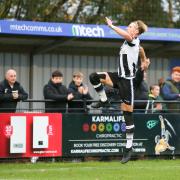 Matty Burrows celebrates his goal for Wimborne against Chertsey.