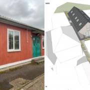 The existing hut, left, and, right, the proposed replacement building