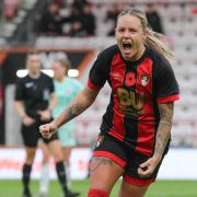 Katie James celebrating her first goal