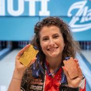 Verity Crawley with her gold and bronze medals