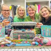 Haberdasherdo team with the sewing box inspired cake- L-R: Tracey, Helen, Jane, Ali, for the businesses fifth anniversary