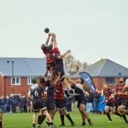 Line out action in front of a bumper crowd during the Wimborne 7 Bournemouth 13 match played at Leigh Park, Wimborne on Saturday 30 November 2024.  Photo taken by Simon Carlton