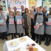 Twynham School semi-finalists with the President of Christchurch Rotary, Malvern Jones, Colin Nash from The Three Tuns and Lesley Waters as well as teacher, Catriona Bale.