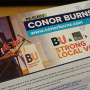 ‘TROUBLING’: Bournemouth West candidate Conor Burns (inset) election campaign leaflet, which has sparked controversy over its use of university logos