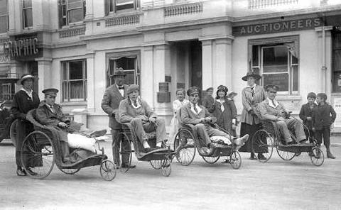 Injured troops in bathchairs, they stayed at the Mont Dore Hotel, now Bournemouth Town Hall