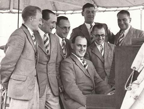 Bournemouth Pier Band about 1936. Left to right, Frankie Reece, Charlie Mace, Ernie Dibben, Frank Randall, Titch Stevens, Castaldini,and seated at piano Cyril Pocock. Submitted by Gordon Randall - son of Frank Randall.