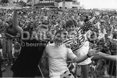 Radio one roadshow  with Simon Mayo (left )  Rod mcKenzie  and Sybil Ruscoe  1989.
