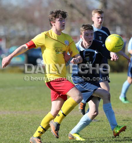 Football action Greenfields v Moordown U16's at King George V playing fields in Ferndown