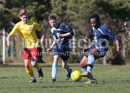 Football action Greenfields v Moordown U16's at King George V playing fields in Ferndown