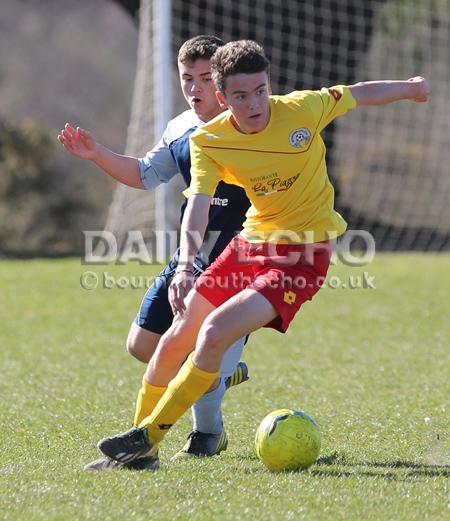 Football action Greenfields v Moordown U16's at King George V playing fields in Ferndown