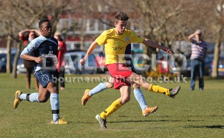 Football action Greenfields v Moordown U16's at King George V playing fields in Ferndown