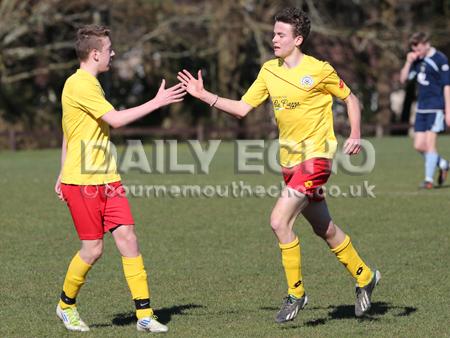 Football action Greenfields v Moordown U16's at King George V playing fields in Ferndown