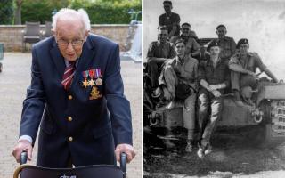 Photo, left, shows Captain Tom Moore at the height of his charity walks in 2020 (PA). Pictured right, family handout of Captain Tom Moore's army days.